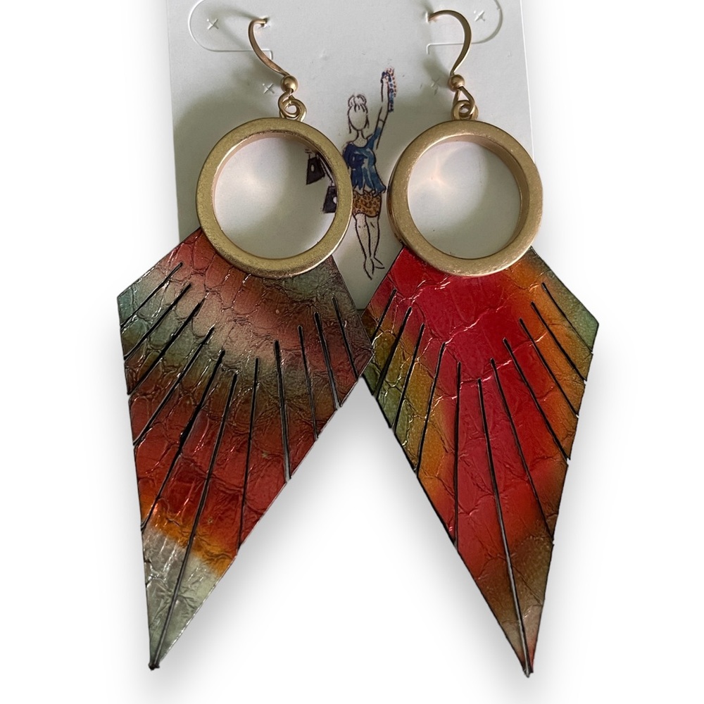 Beautiful Pink / Red Feather Dangle Earrings approx 3 inches long - Artisan